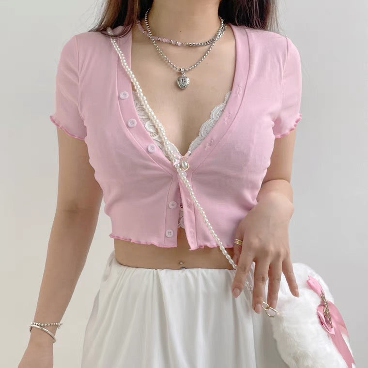 Fake two-piece T-shirt with inner panel V-neck HA0813