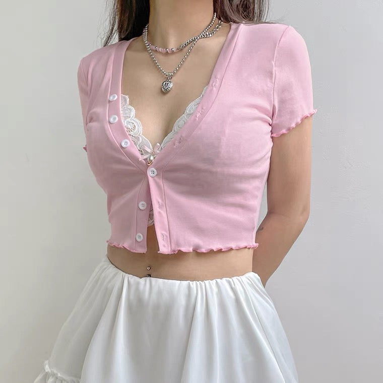 Fake two-piece T-shirt with inner panel V-neck HA0813