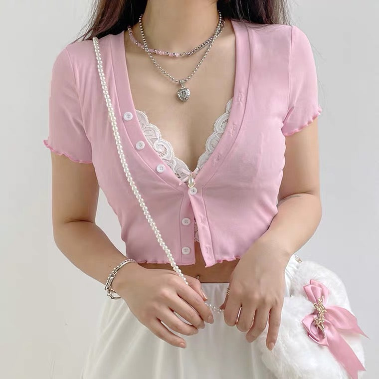 Fake two-piece T-shirt with inner panel V-neck HA0813