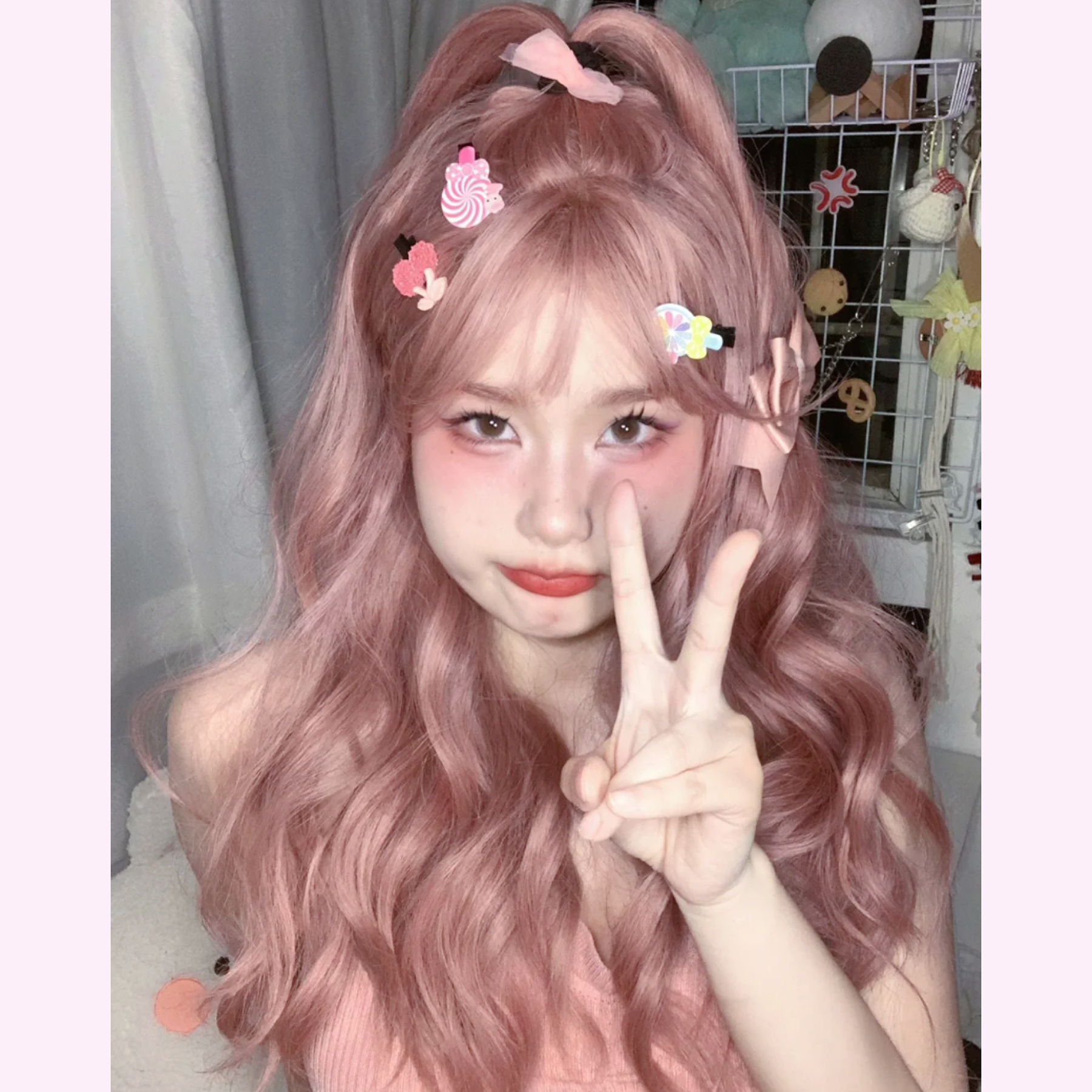 Daily gray pink long curly hair HA1654