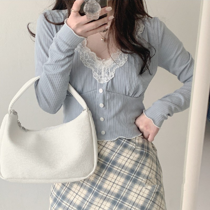 Blue V-Neck Long Sleeve T-Shirt   HA1505