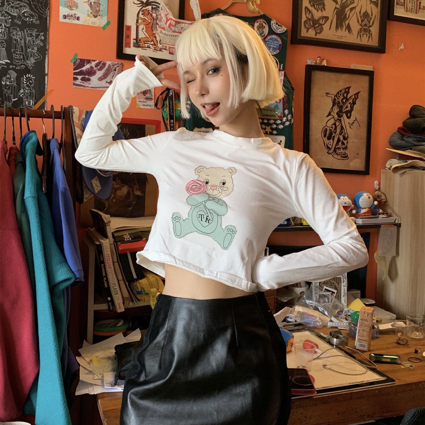 Cute bear print high waist t-shirt HA0702