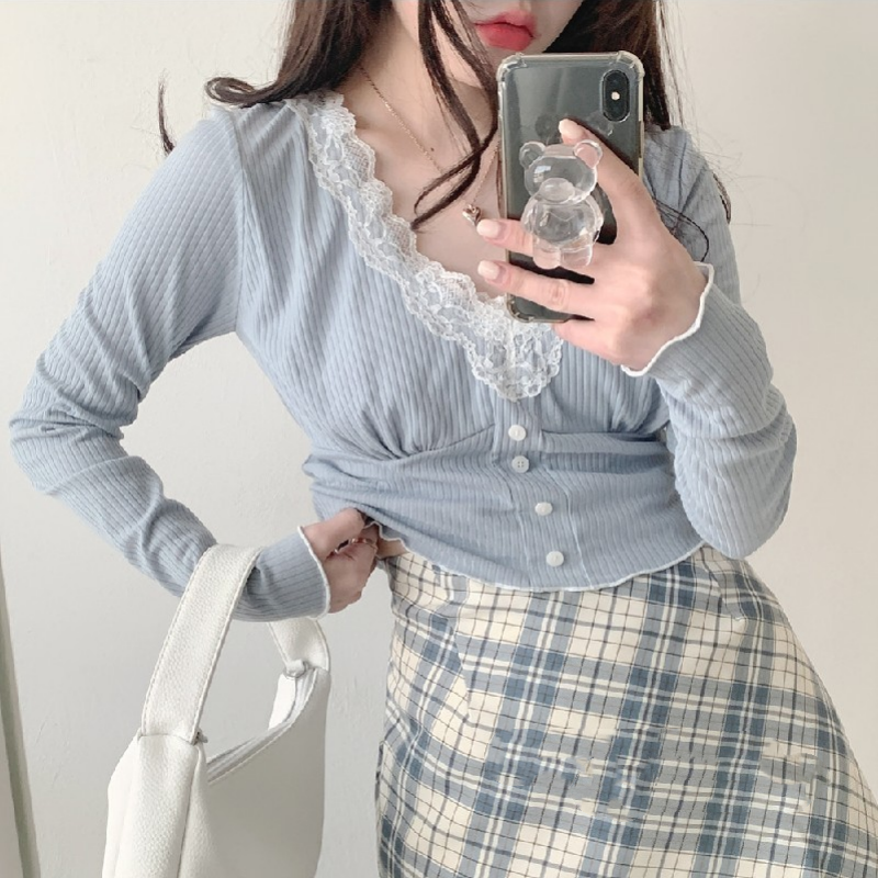 Blue V-Neck Long Sleeve T-Shirt   HA1505