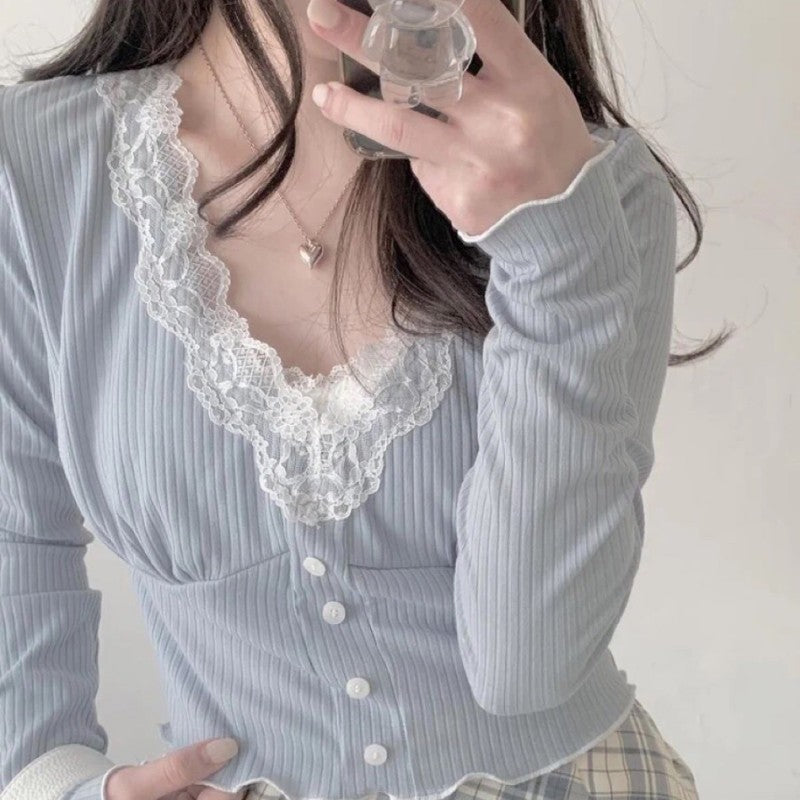 Blue V-Neck Long Sleeve T-Shirt   HA1505