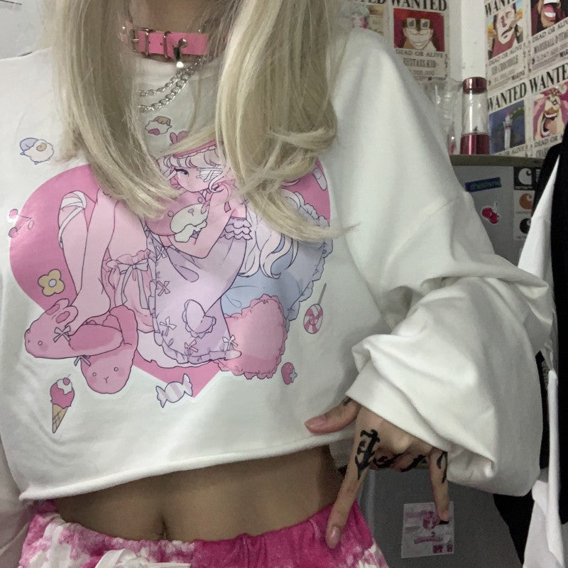 Loose cartoon print white t-shirt HA1435