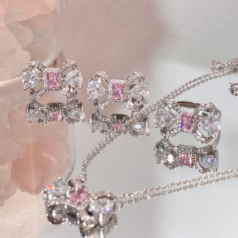 Sweet Pink Gem Bow Knot Silver Pin Earrings Necklace Ring   HA1319