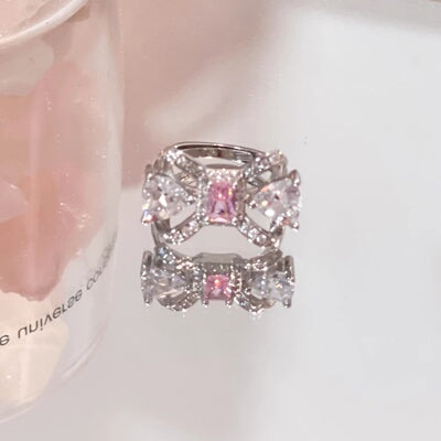 Sweet Pink Gem Bow Knot Silver Pin Earrings Necklace Ring   HA1319