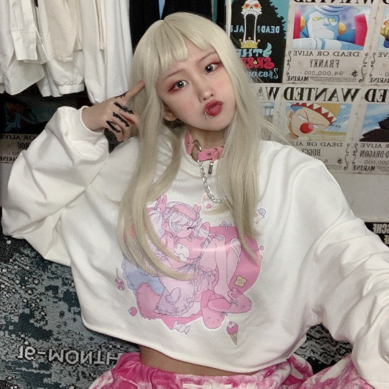 Loose cartoon print white t-shirt HA1435