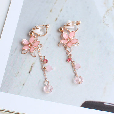 Pink Cherry Blossom Crystal Earrings Earrings Ear Clips   HA1994