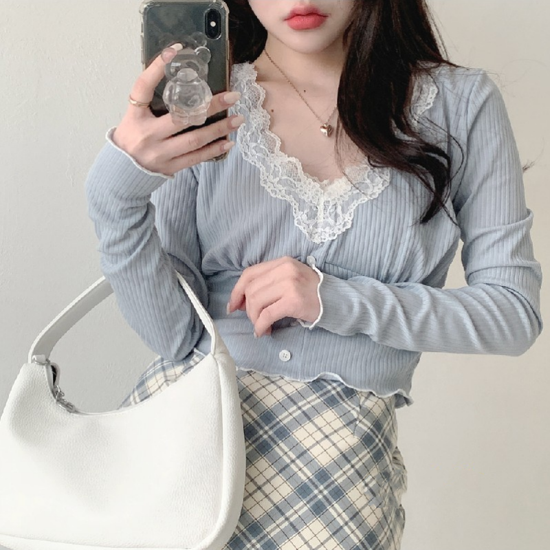 Blue V-Neck Long Sleeve T-Shirt   HA1505