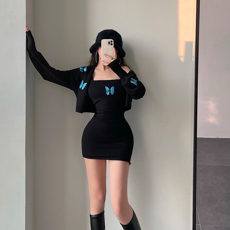 Butterfly Embroidered Cardigan Bag Dress Two-Piece Set    HA1401