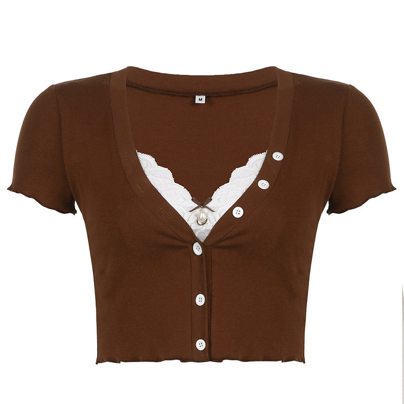 Fake two-piece T-shirt with inner panel V-neck HA0813