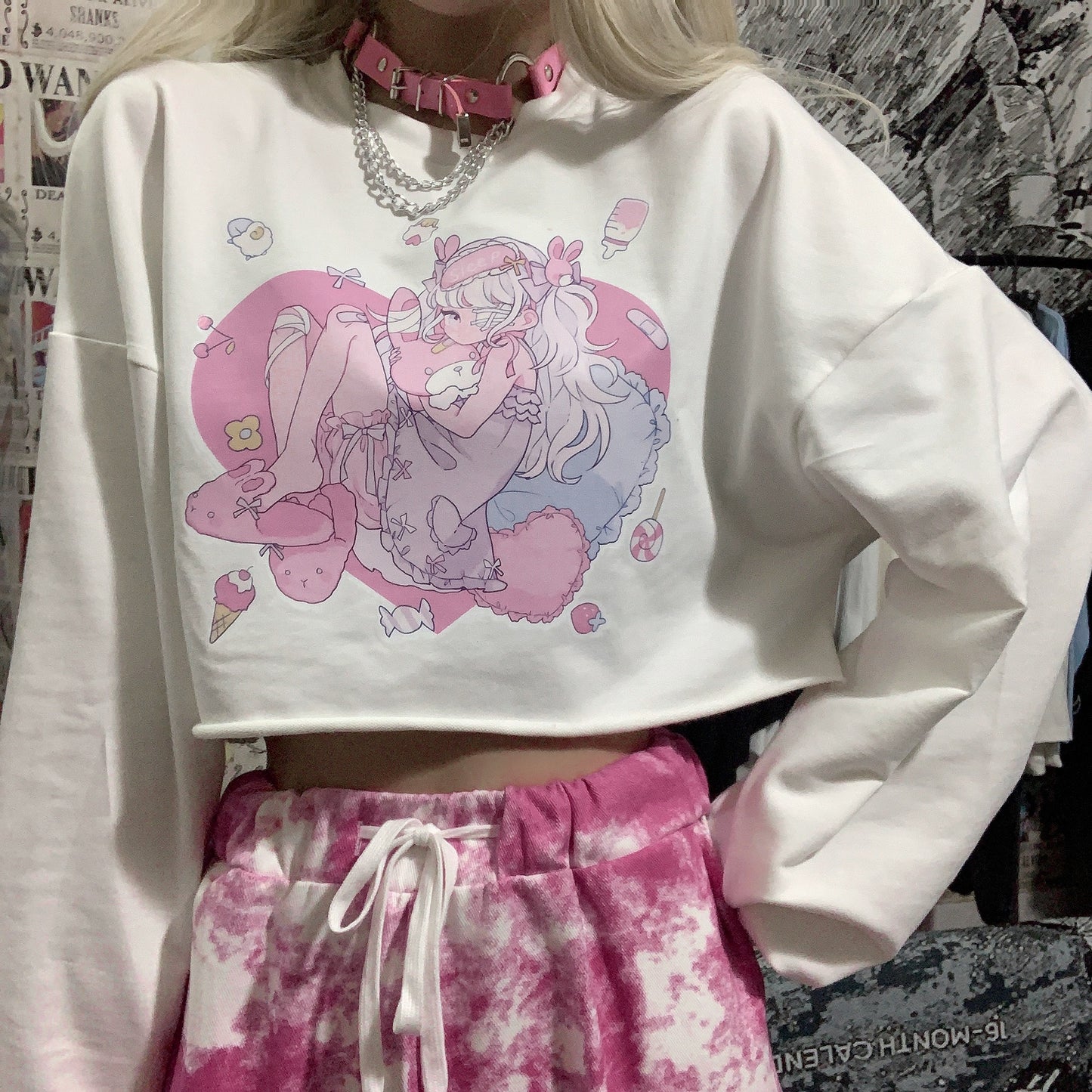 Loose cartoon print white t-shirt HA1435