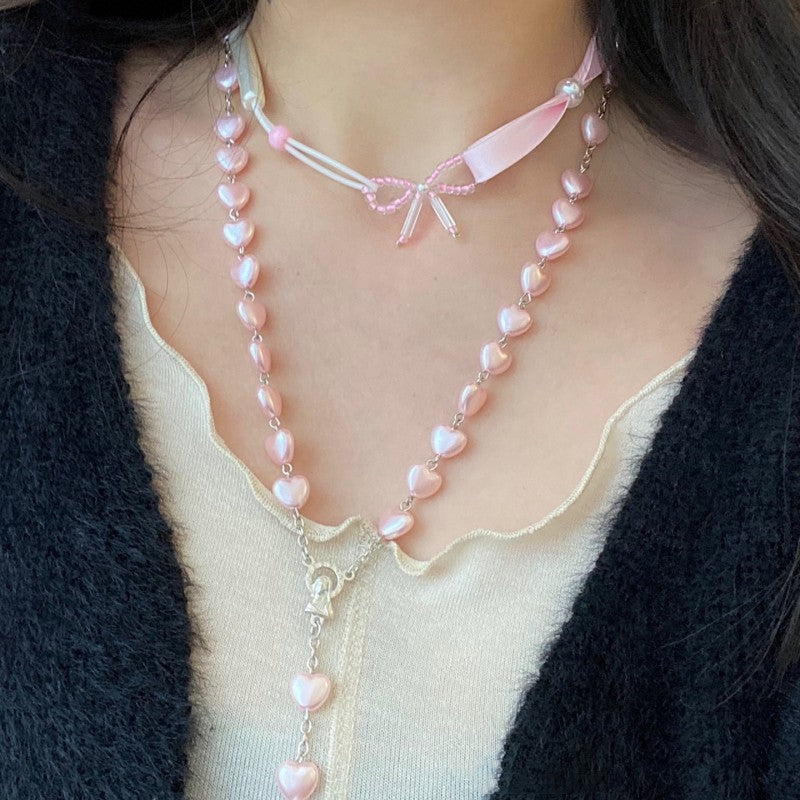 Pink Heart Pearl Necklace Necklace   HA1622