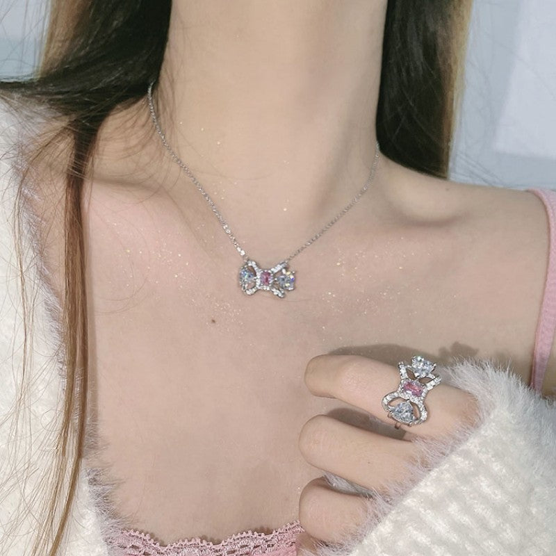 Sweet Pink Gem Bow Knot Silver Pin Earrings Necklace Ring   HA1319