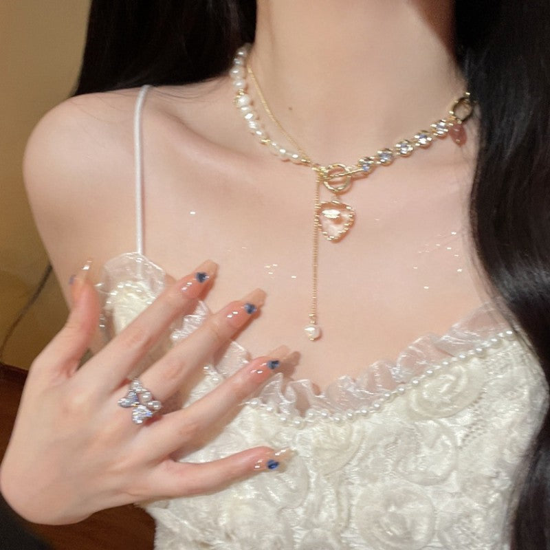 Natural Pearl Chain Love Necklace   HA1601