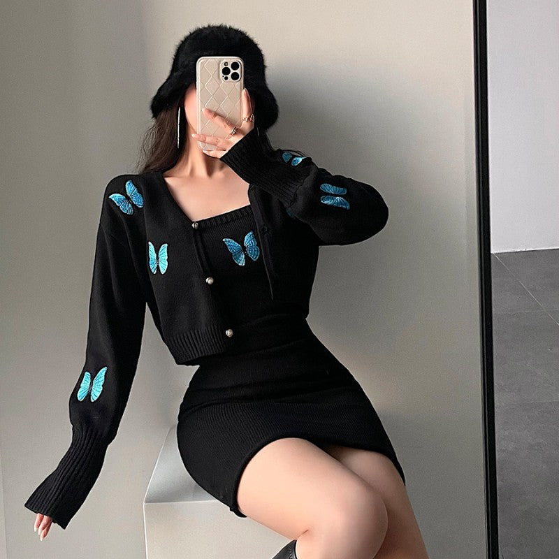 Butterfly Embroidered Cardigan Bag Dress Two-Piece Set HA1401