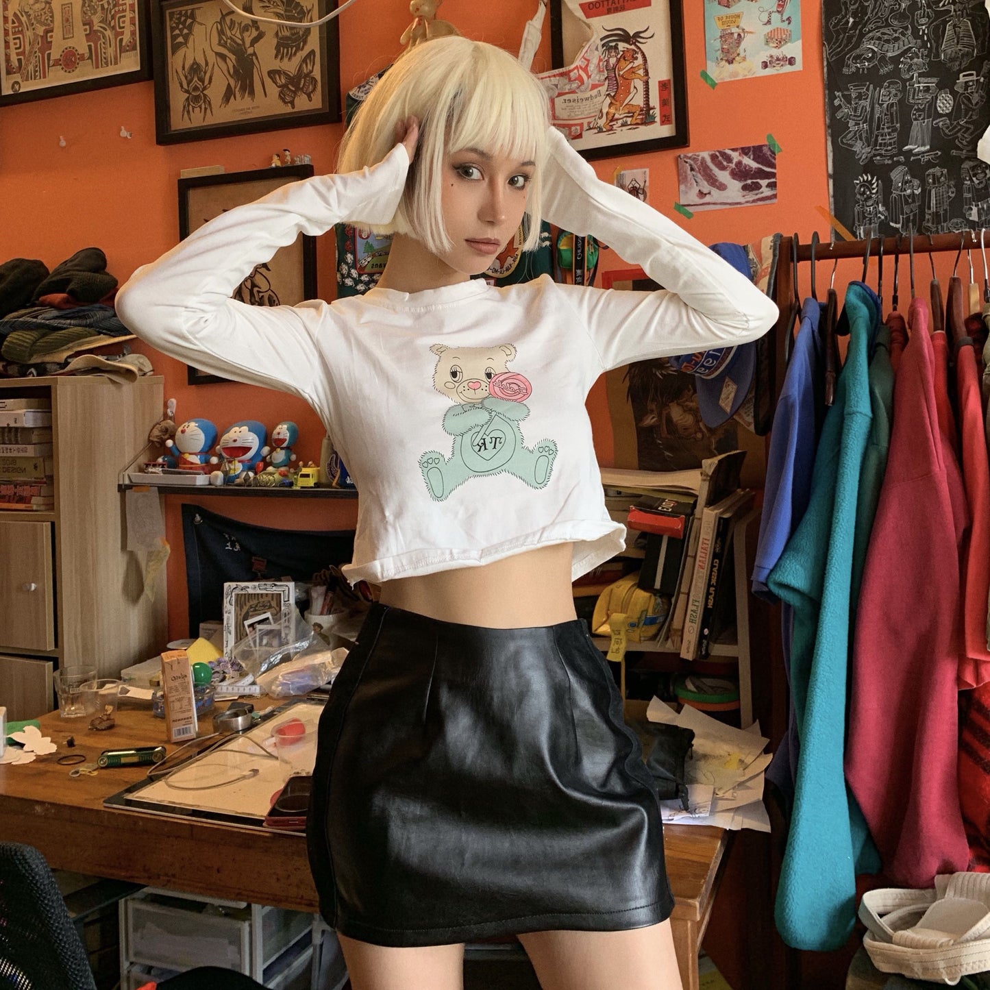 Cute bear print high waist t-shirt HA0702
