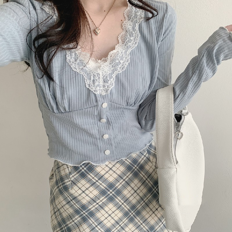 Blue V-Neck Long Sleeve T-Shirt   HA1505