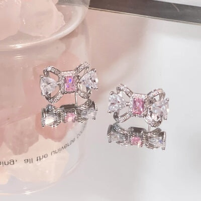 Sweet Pink Gem Bow Knot Silver Pin Earrings Necklace Ring   HA1319