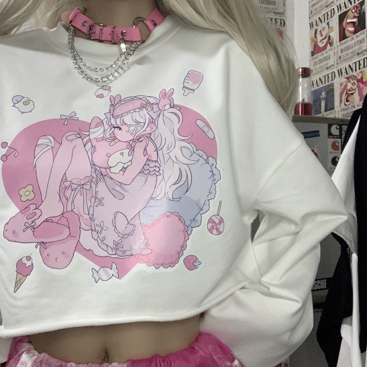 Loose cartoon print white t-shirt HA1435