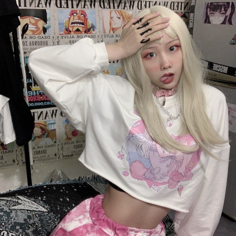 Loose cartoon print white t-shirt HA1435
