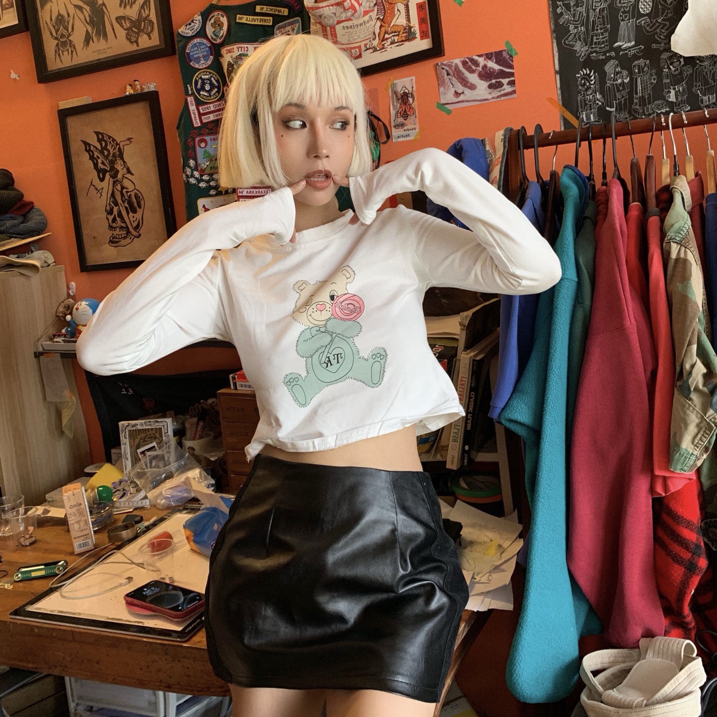 Cute bear print high waist t-shirt HA0702