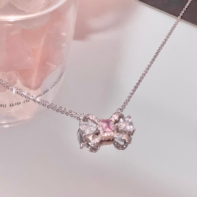 Sweet Pink Gem Bow Knot Silver Pin Earrings Necklace Ring   HA1319