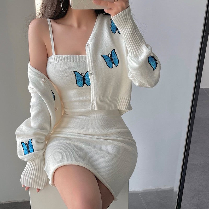 Butterfly Embroidered Cardigan Bag Dress Two-Piece Set    HA1401