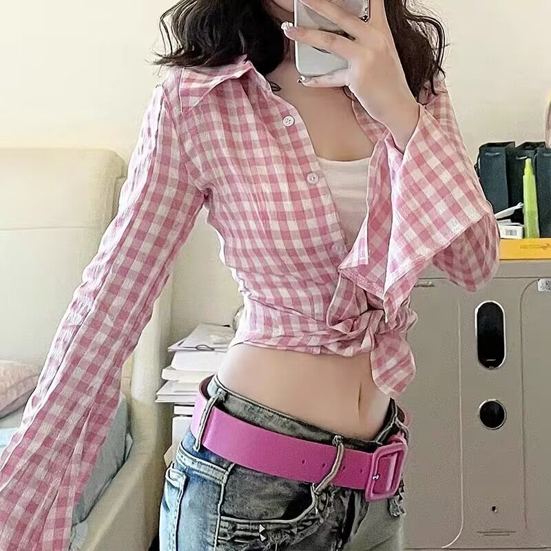 Pink Plaid Long Sleeve Shirt   HA2153