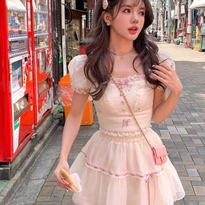 Puff sleeve shirt tutu skirt two piece set    HA2203