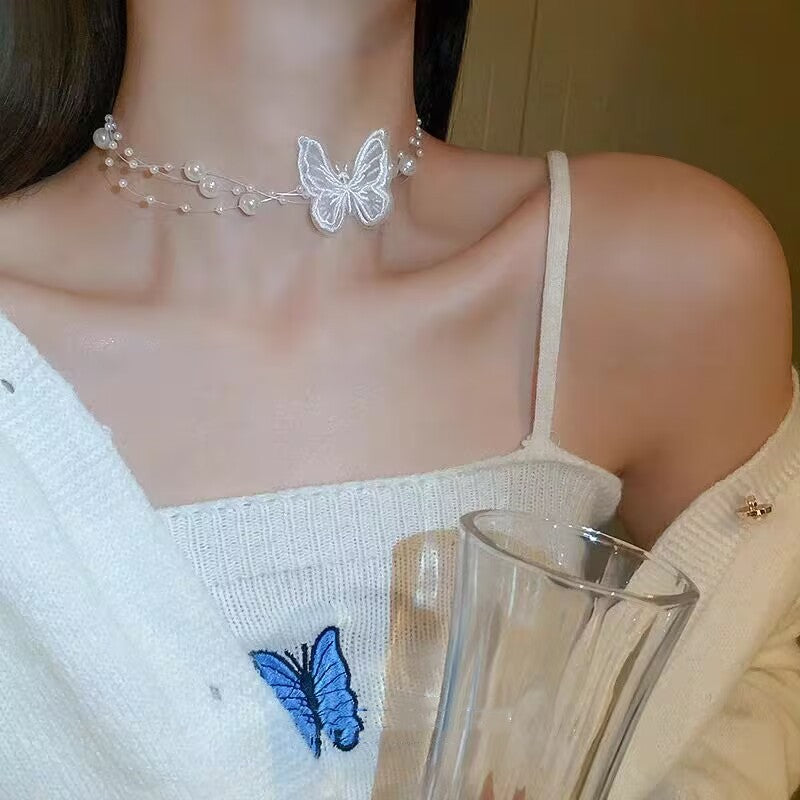 Pearl Gauze Butterfly Necklace  HA2051
