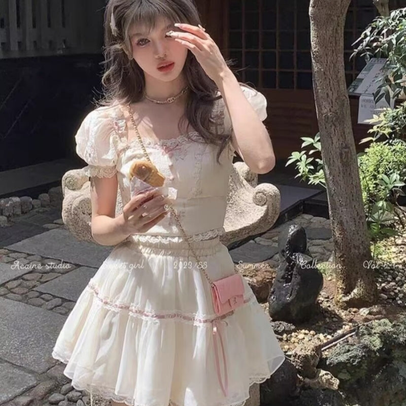 Puff sleeve shirt tutu skirt two piece set    HA2203