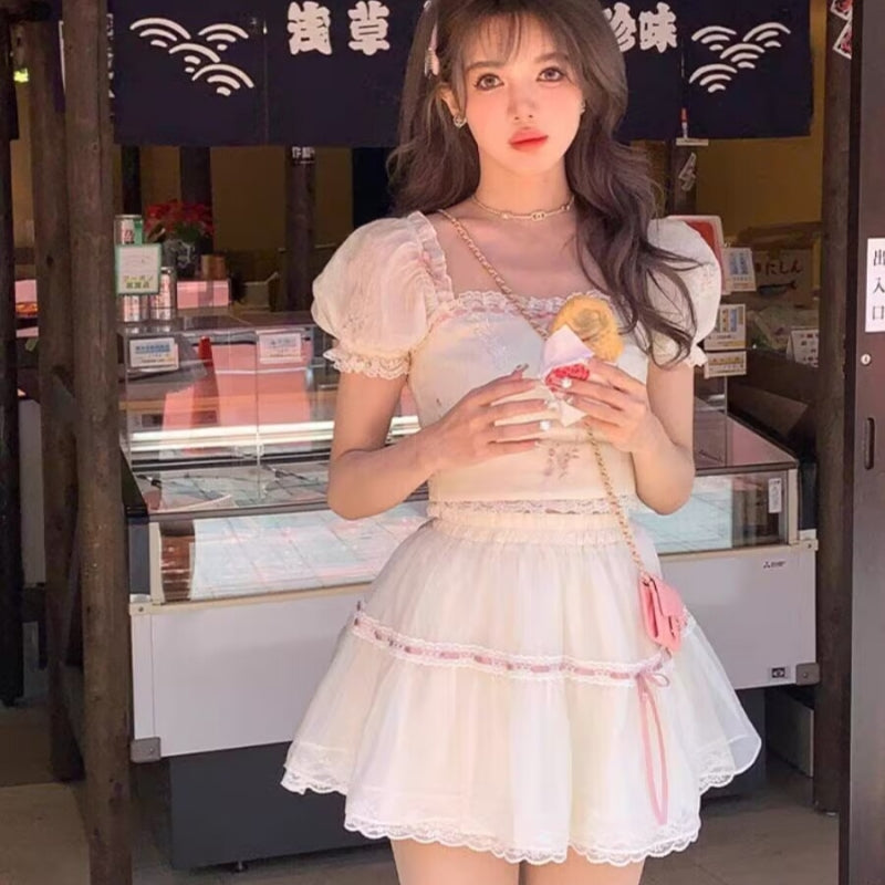 Puff sleeve shirt tutu skirt two piece set    HA2203