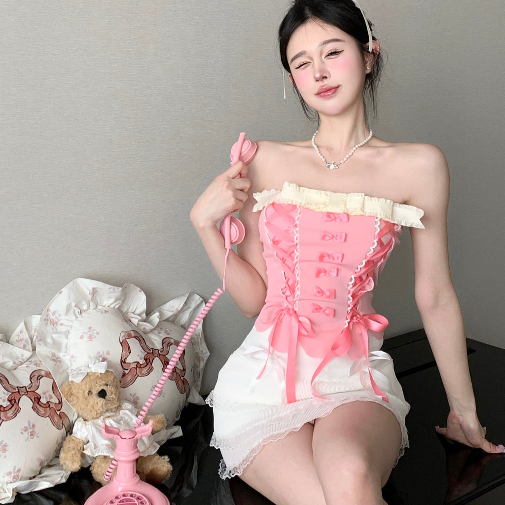 Bow tube top + lace cake skirt HA2257
