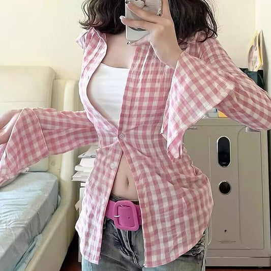 Pink Plaid Long Sleeve Shirt   HA2153