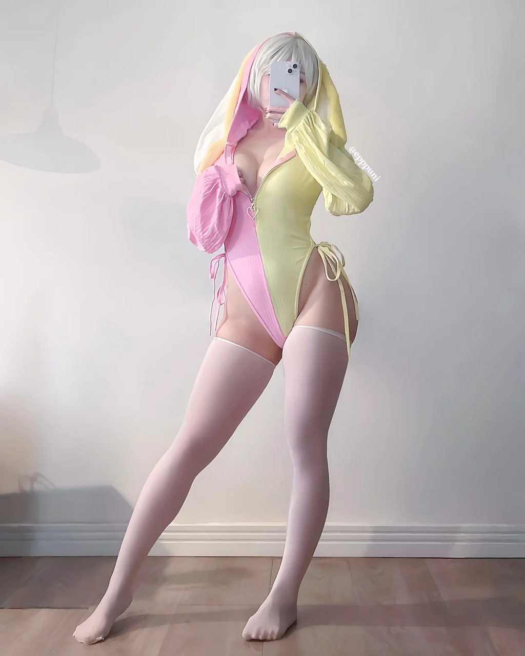 Chic Grey Bunny Ear Hoodie Bodysuit KO64