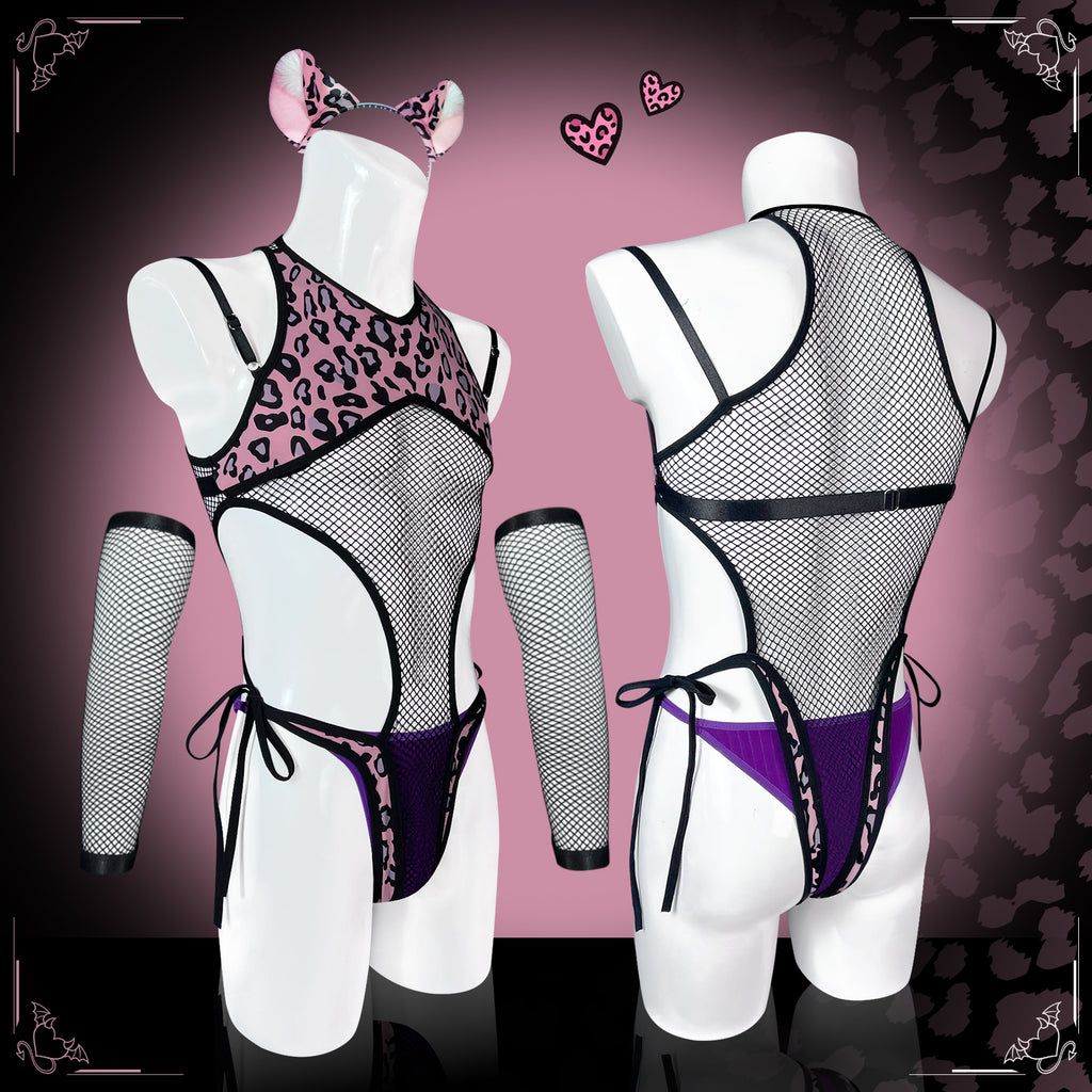 Pre-sale Pink Leopard Fishnet Bodysuit (5-Piece Set)  as62