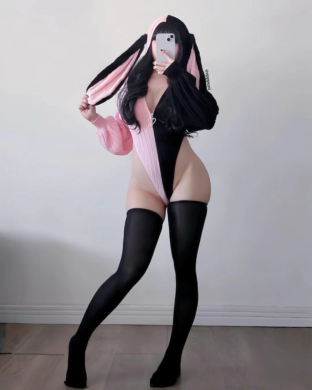 Chic Grey Bunny Ear Hoodie Bodysuit KO64