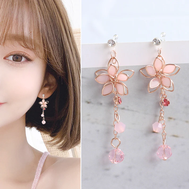 Pink Cherry Blossom Crystal Earrings Earrings Ear Clips   HA1994