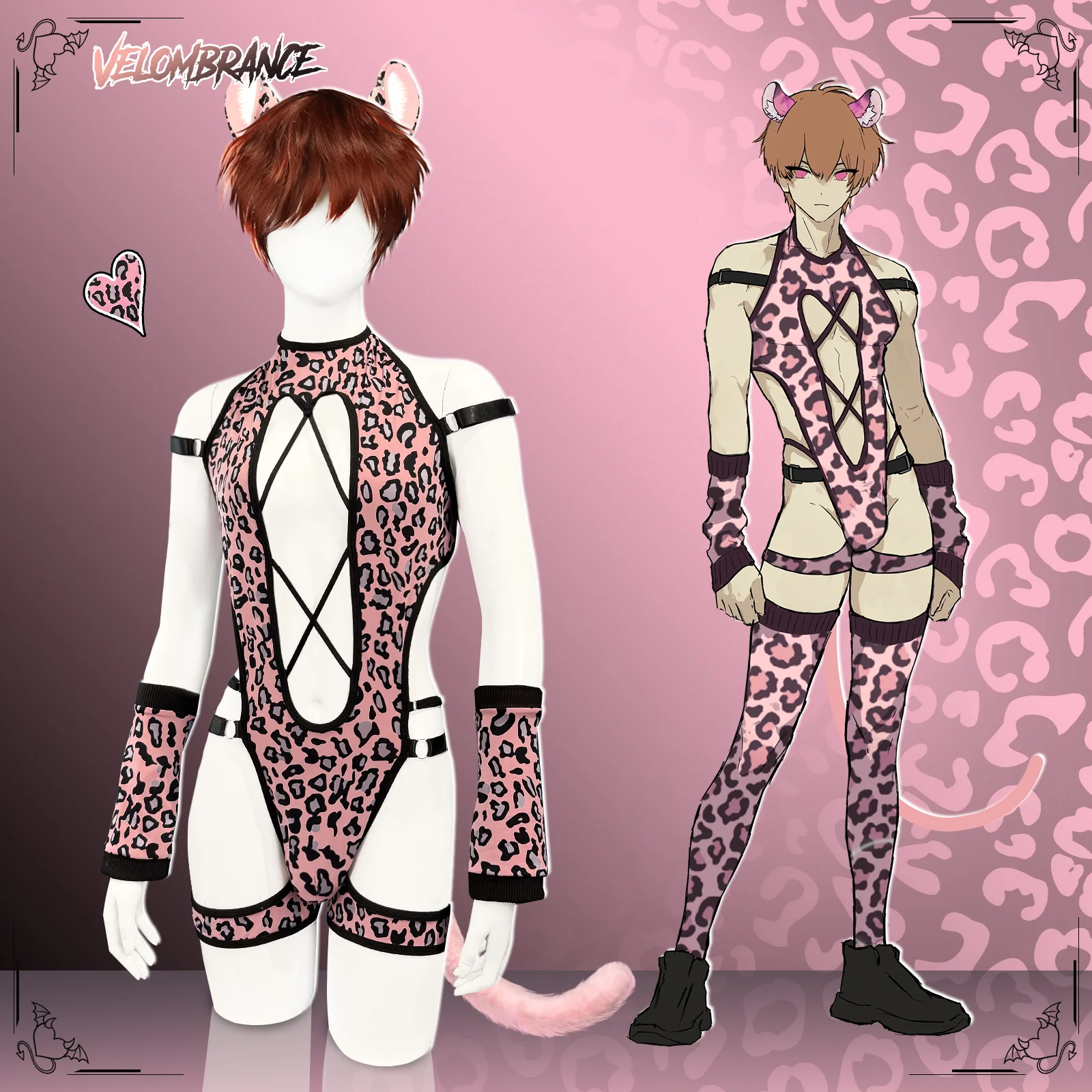 Pink Leopard Print Bodysuit (5-Piece Set) AS55