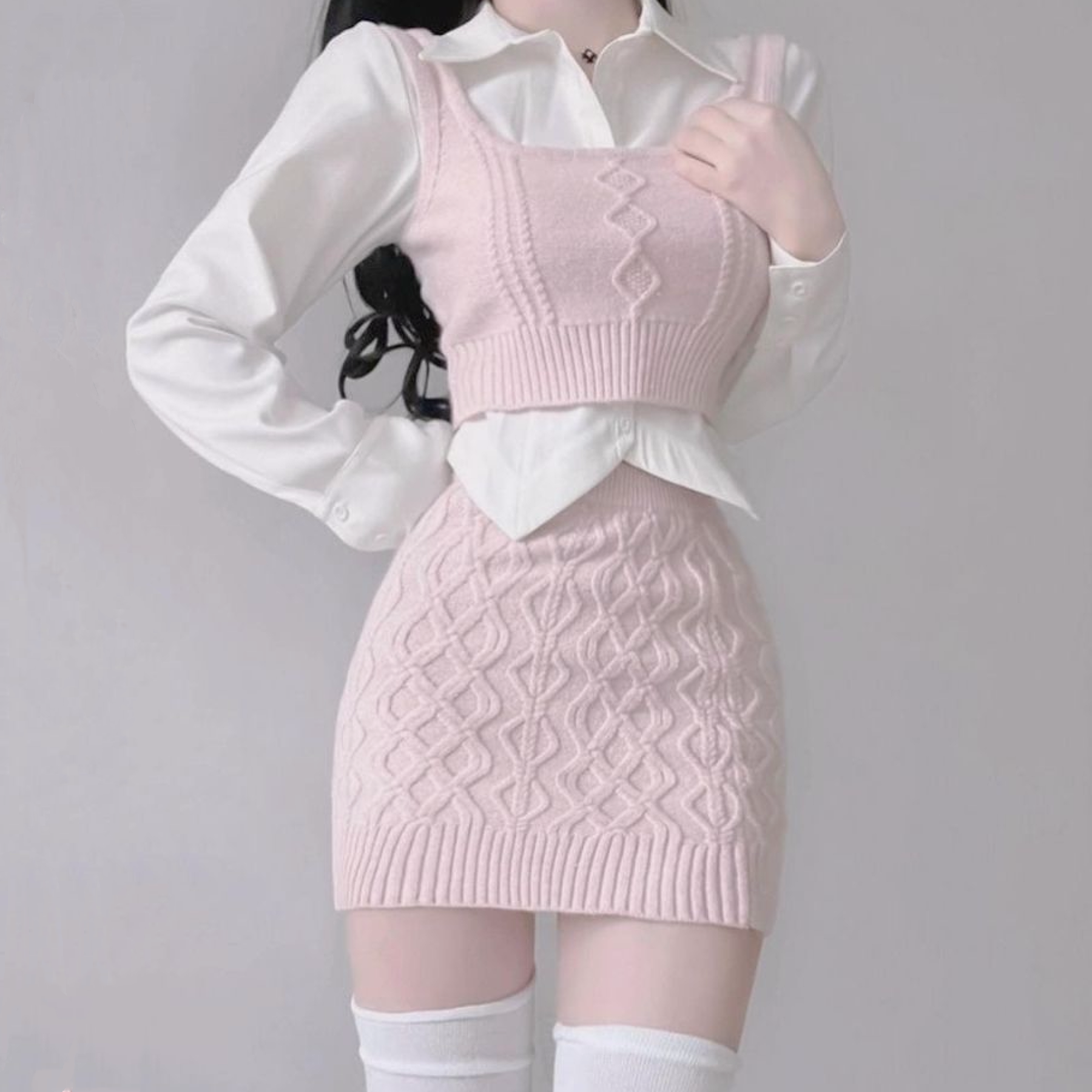 Knitted Vest + White Shirt + Hip Skirt Three-piece Set  HA2204