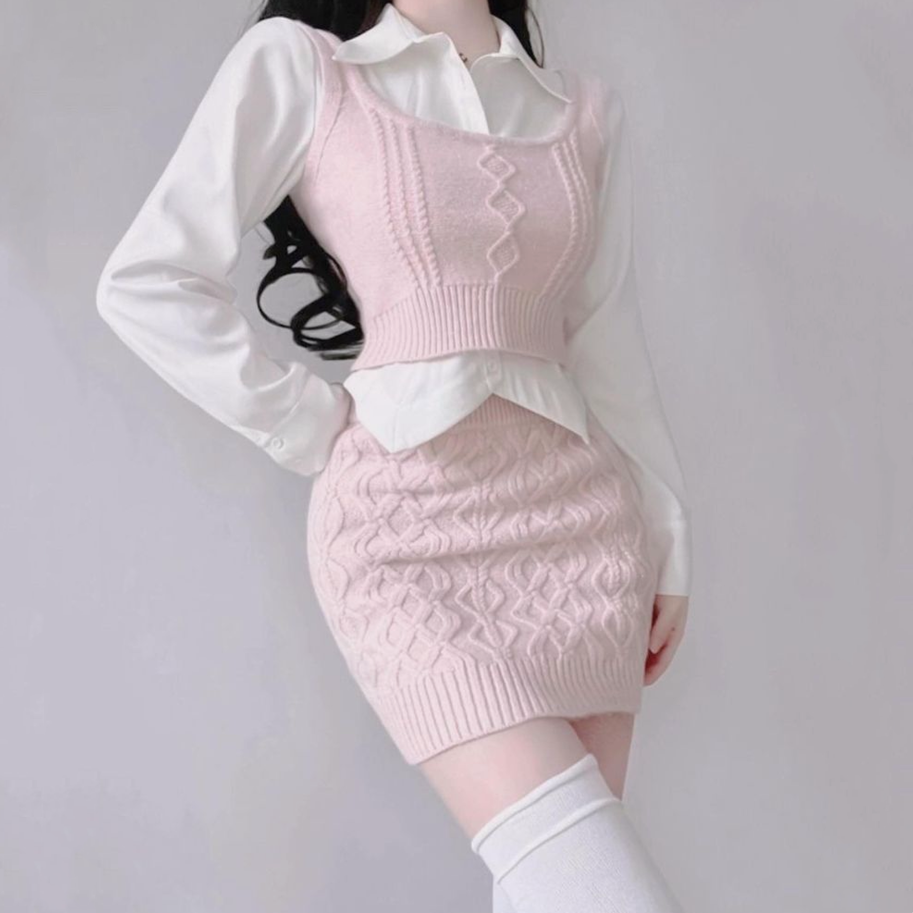 Knitted Vest + White Shirt + Hip Skirt Three-piece Set  HA2204