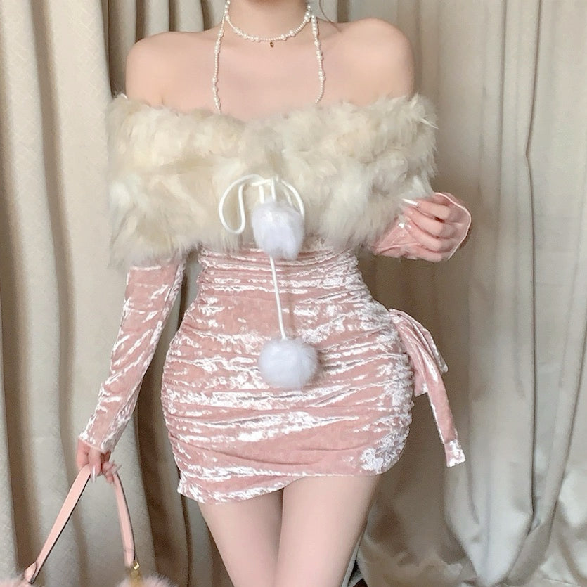Pink velvet one-shoulder dress HA2378