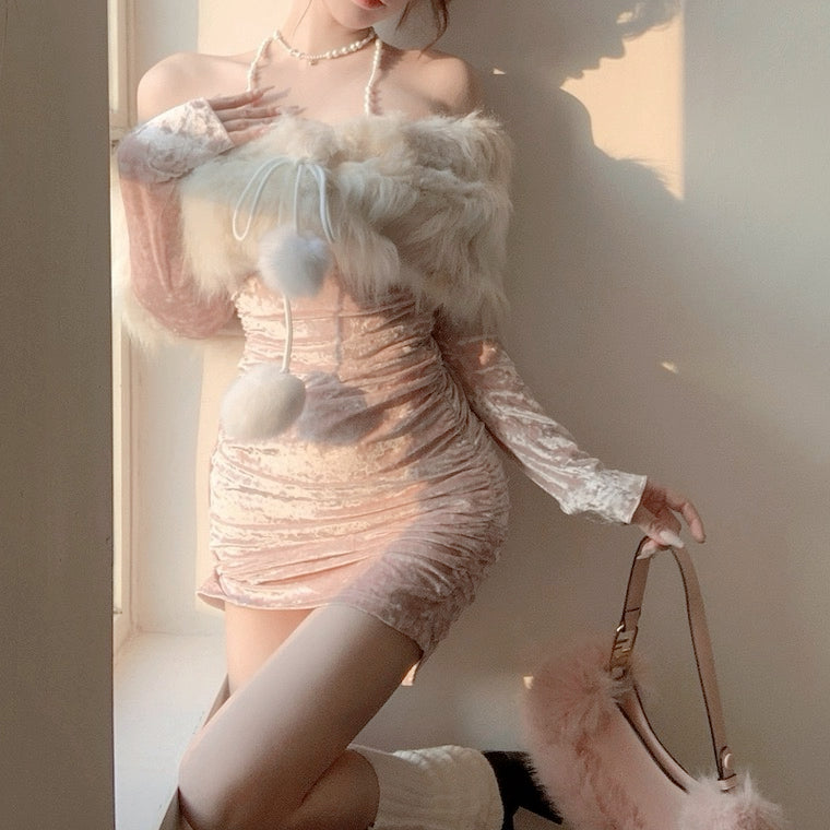 Pink velvet one-shoulder dress HA2378