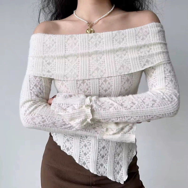 Hollow one-shoulder knitted long-sleeved T-shirt HA2385