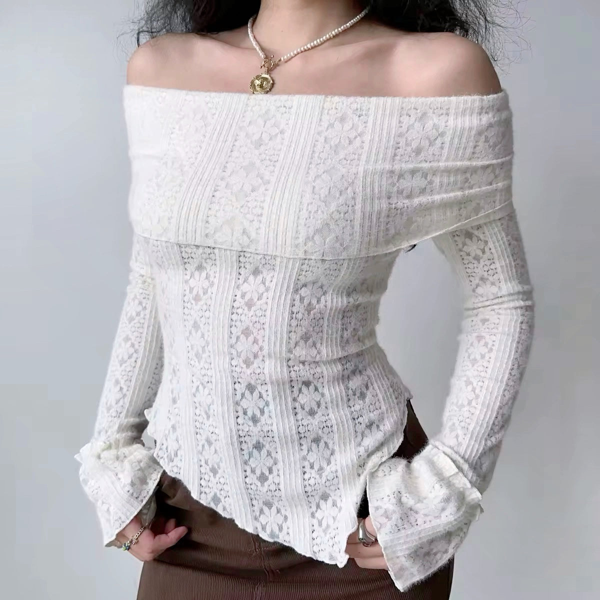 Hollow one-shoulder knitted long-sleeved T-shirt HA2385