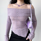 Hollow one-shoulder knitted long-sleeved T-shirt HA2385