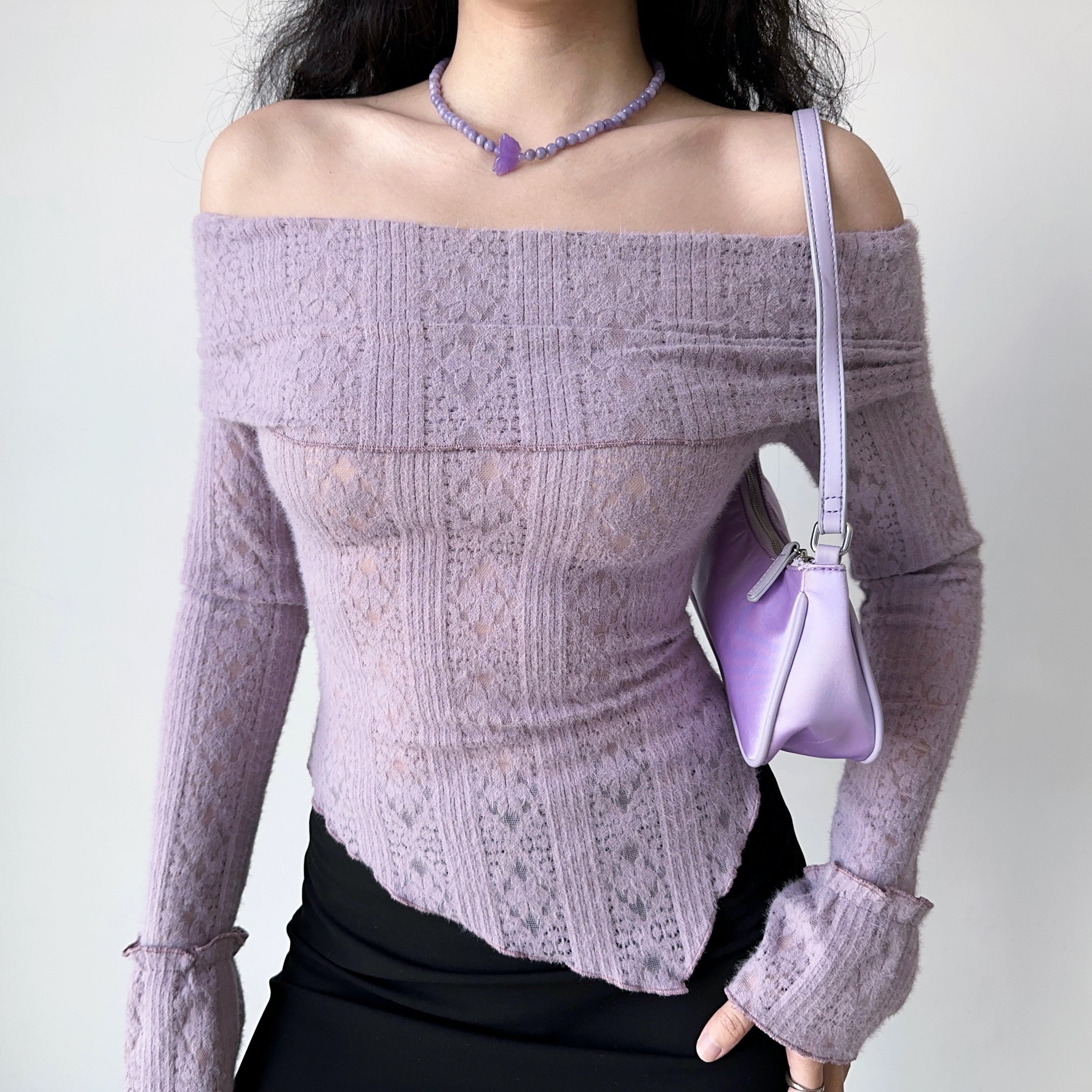 Hollow one-shoulder knitted long-sleeved T-shirt HA2385