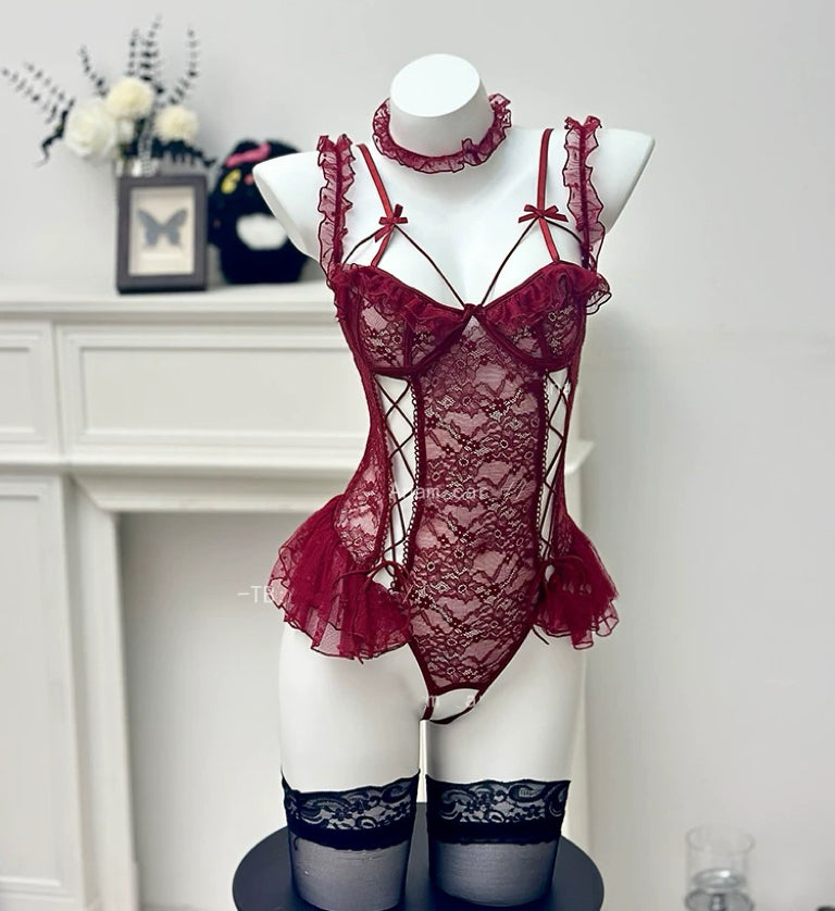 Mesh lace suspender bodysuit HA2991